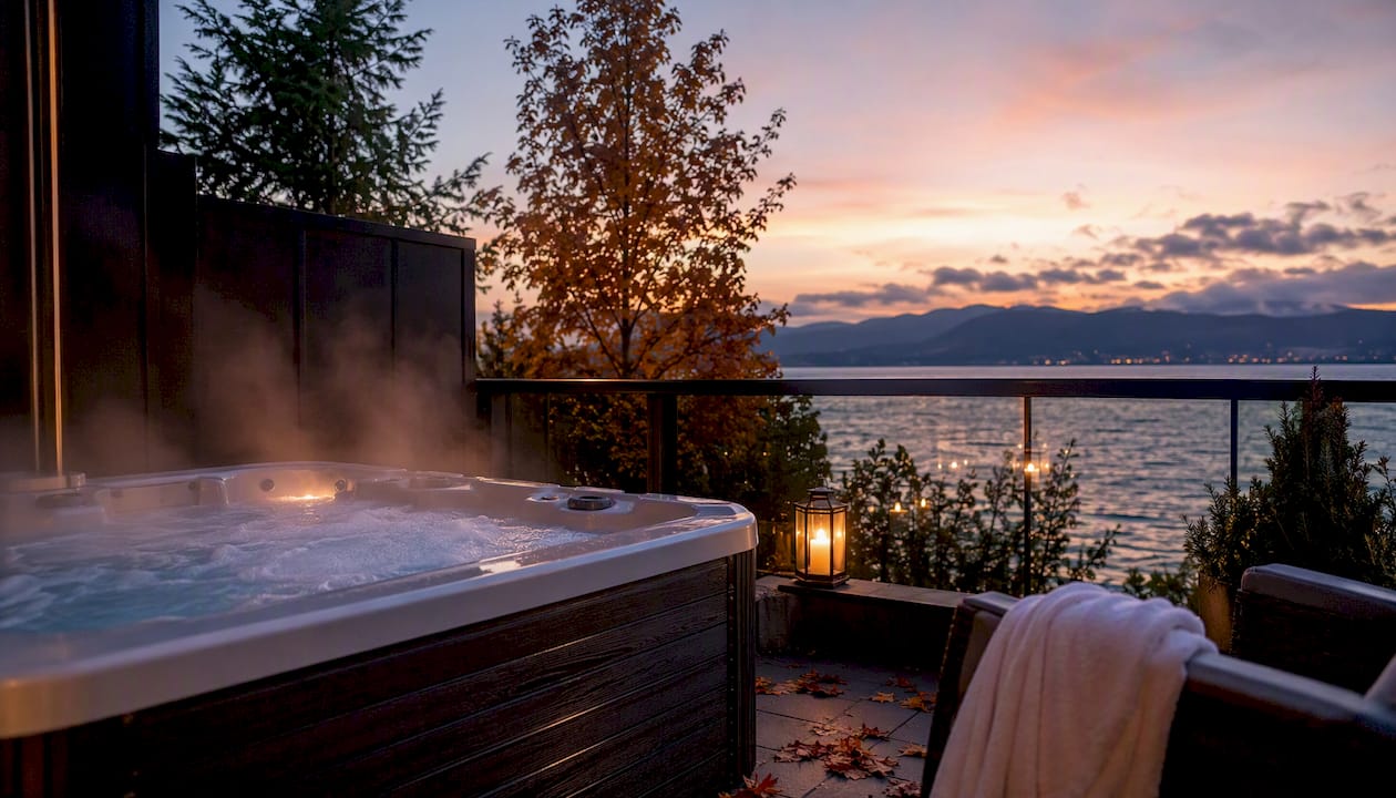 Private hot tub on lakefront hotel balcony at twilight