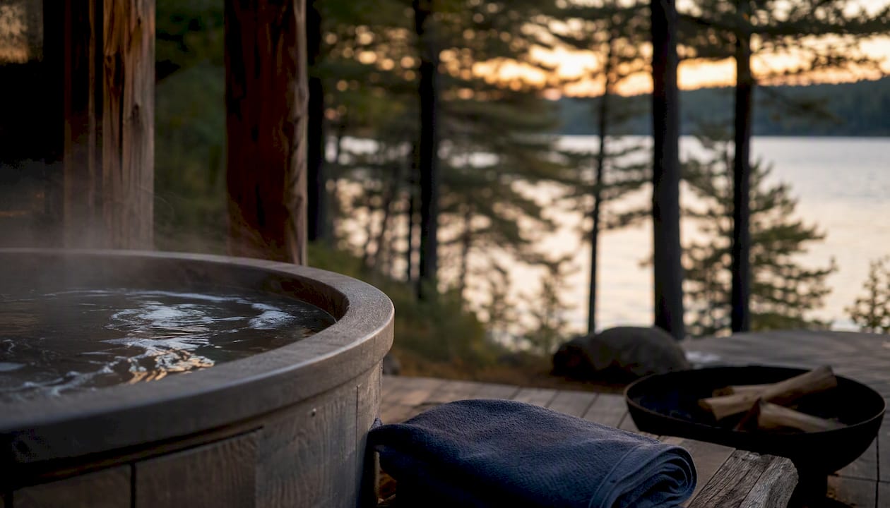 Steaming private hot tub and fire pit on Minnesota cabin porch