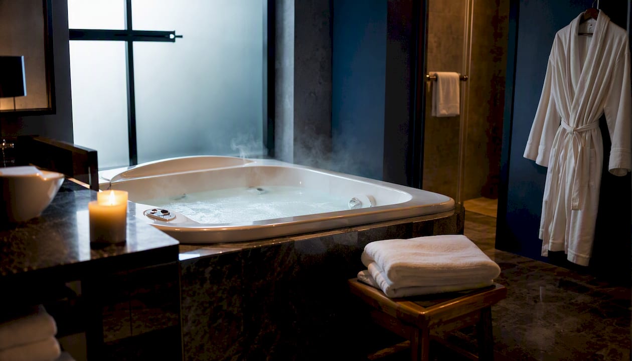 Steaming private jacuzzi in cozy hotel suite bathroom