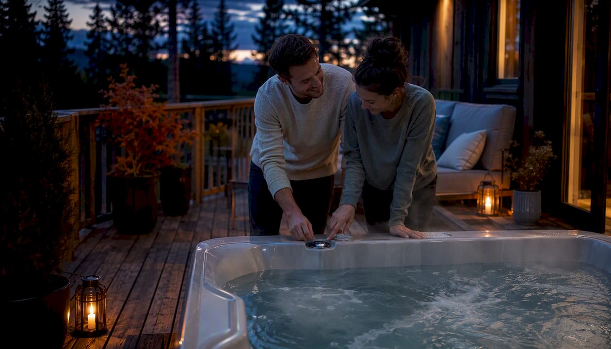 Private bubbling hot tub on cabin deck at dusk