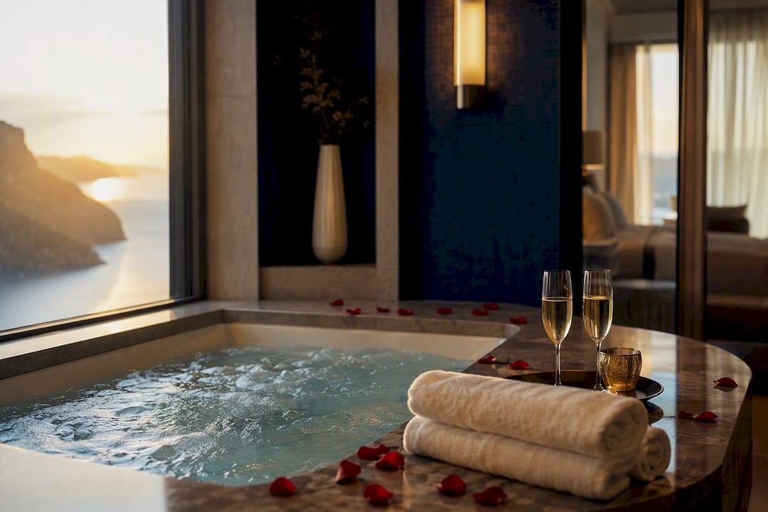 Private hotel suite hot tub with romantic setup