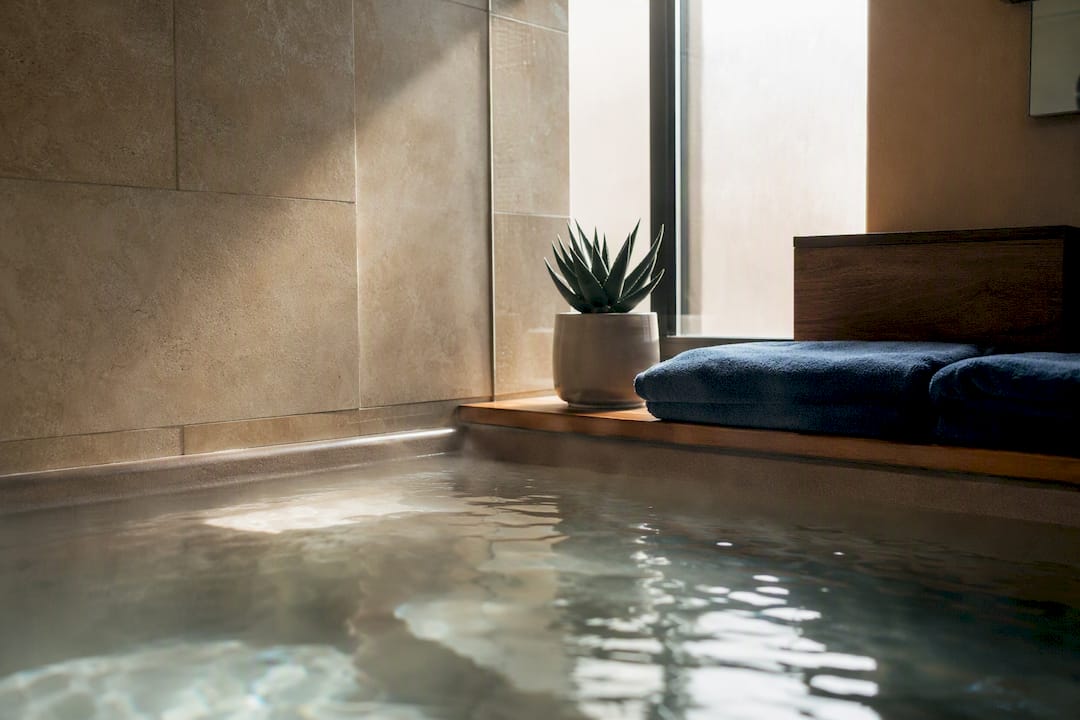 Private hotel room hot tub steaming softly