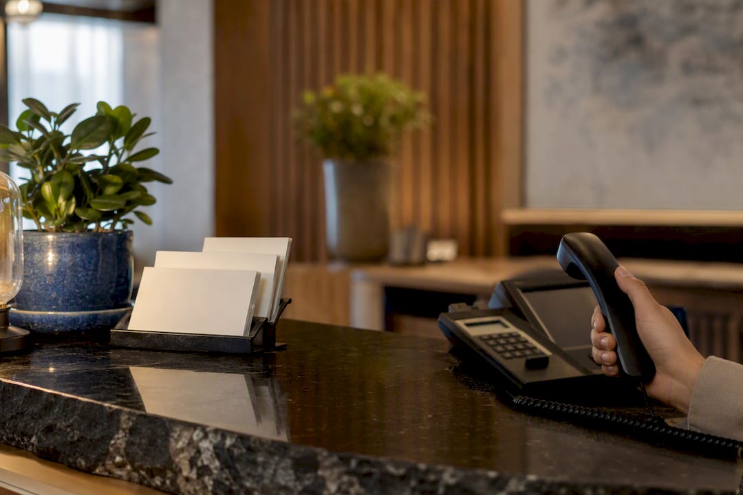 Guest making phone call at hotel front desk