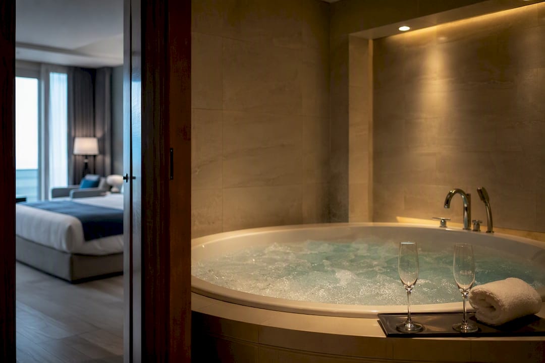 Private jacuzzi tub in luxury hotel bathroom