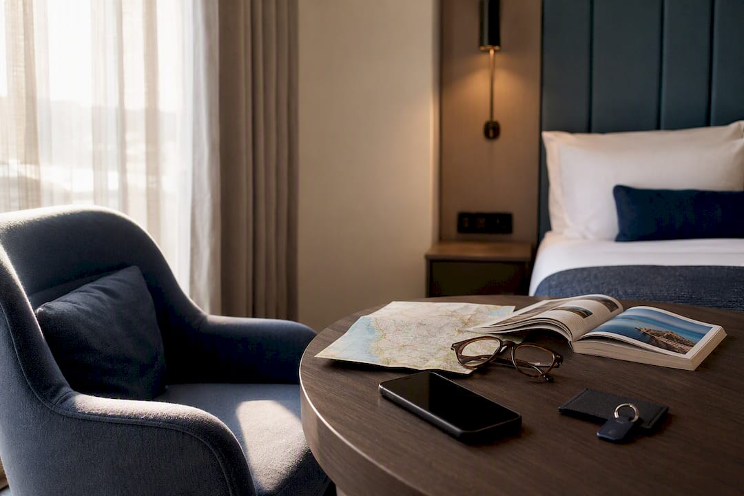 Smartphone and travel items on hotel desk