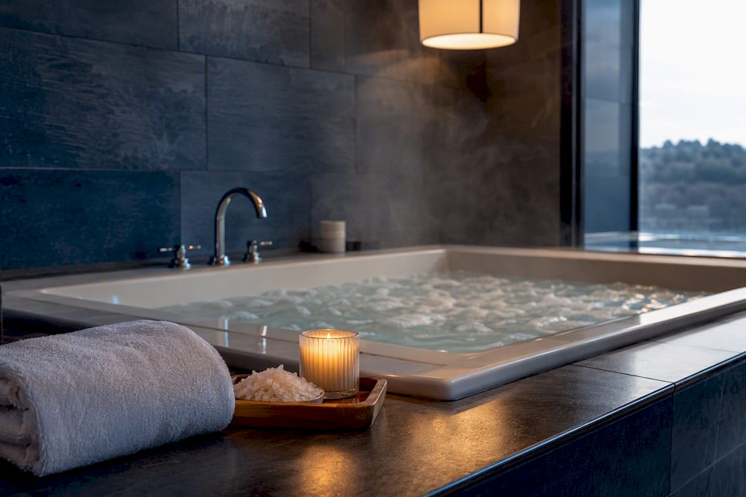 Steaming private in-room hot tub interior