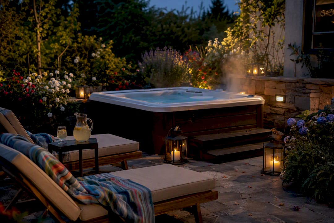 Private outdoor hot tub steaming at evening