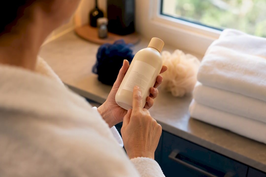 Person checking bath product ingredients