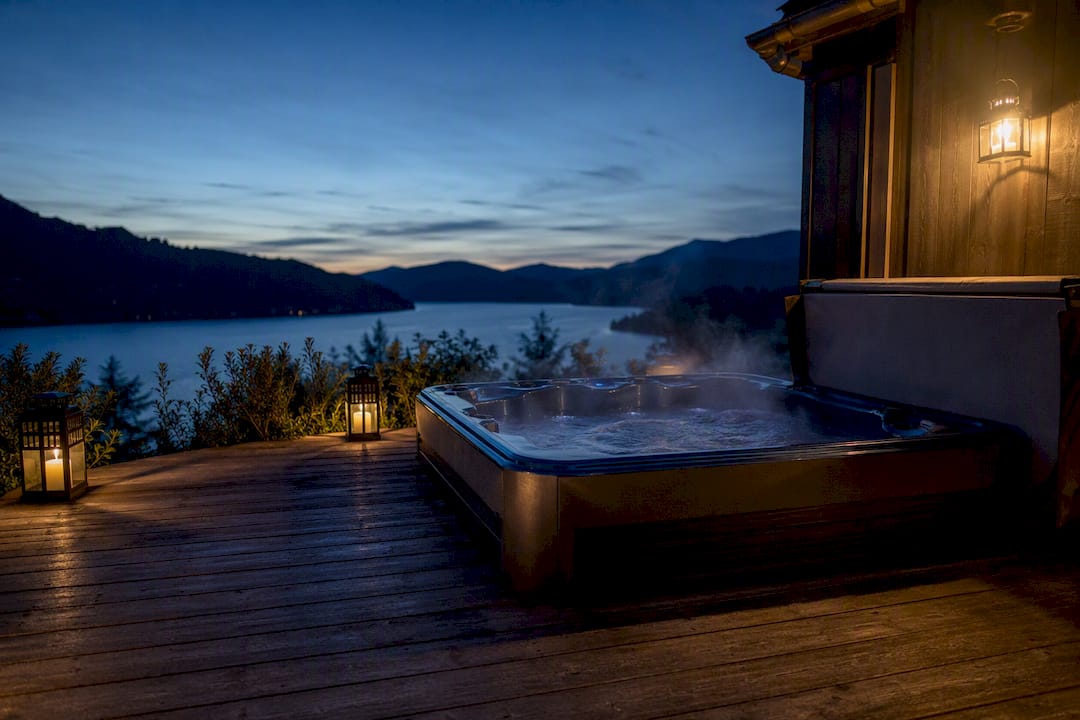 Adults-only cabin balcony with private hot tub