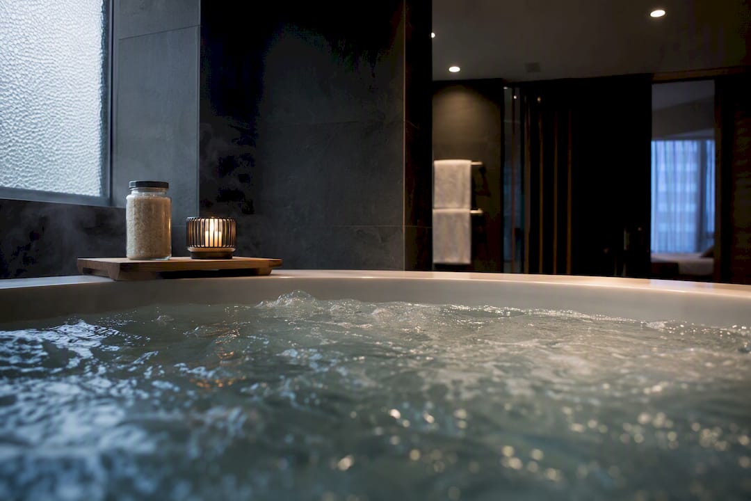 Modern hotel room jacuzzi tub with mood lighting
