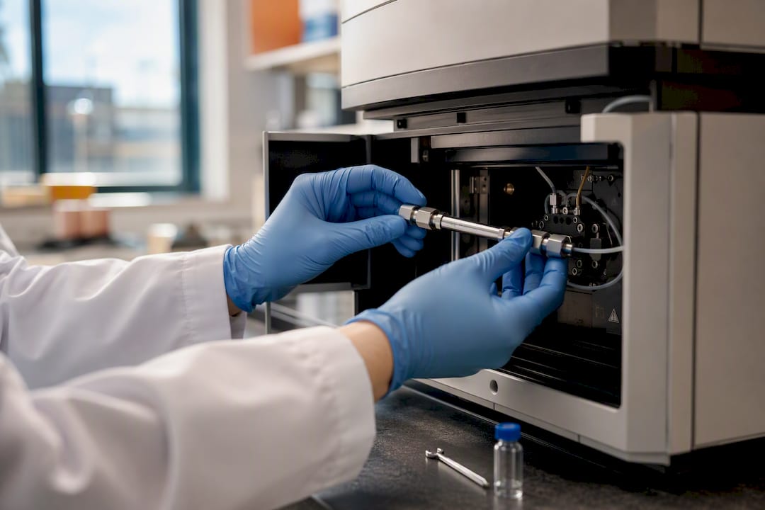 HPLC column secured in analytical laboratory
