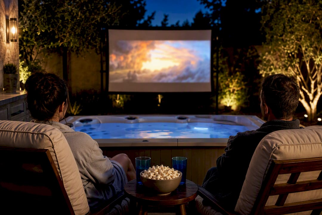 Backyard movie setup beside hot tub