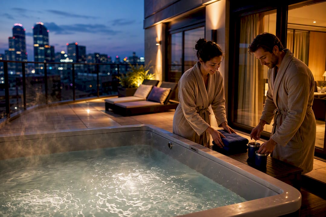 Couple preparing a private hot tub staycation