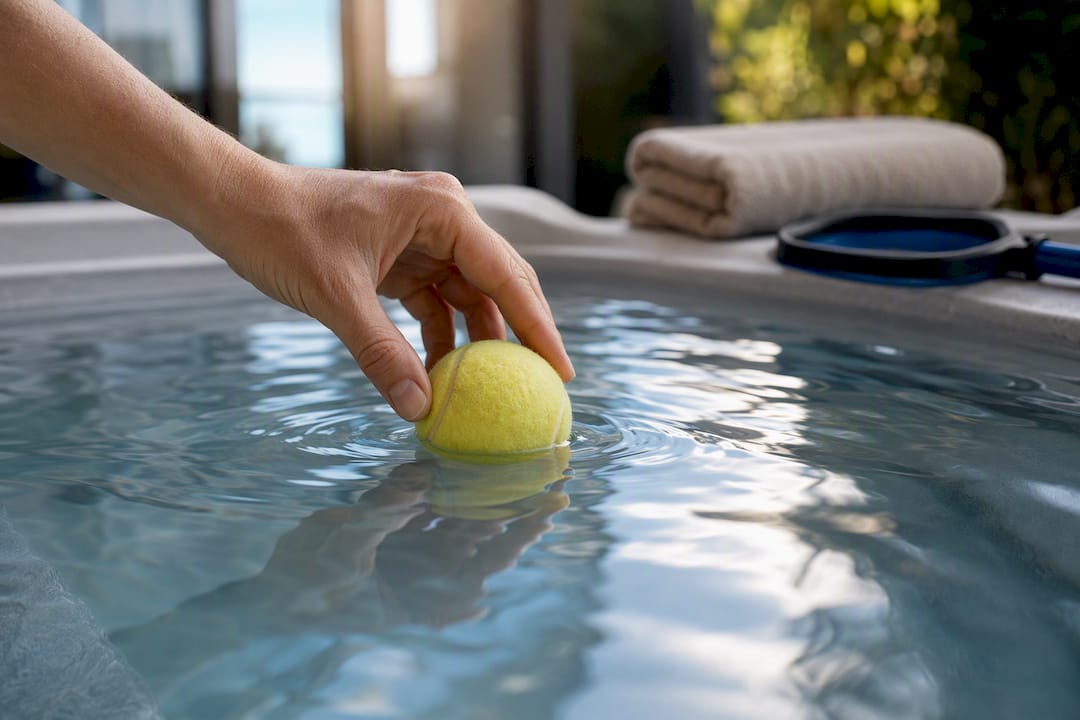 Tennis ball floating in hot tub water