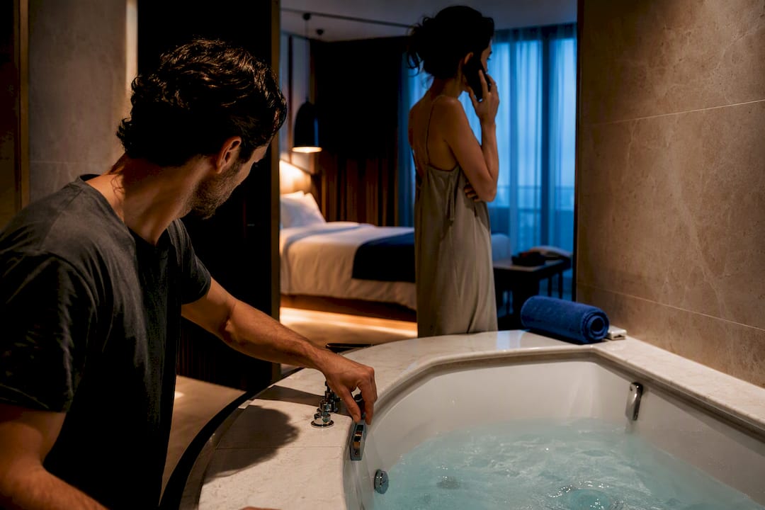 Couple verifying private hotel jacuzzi suite