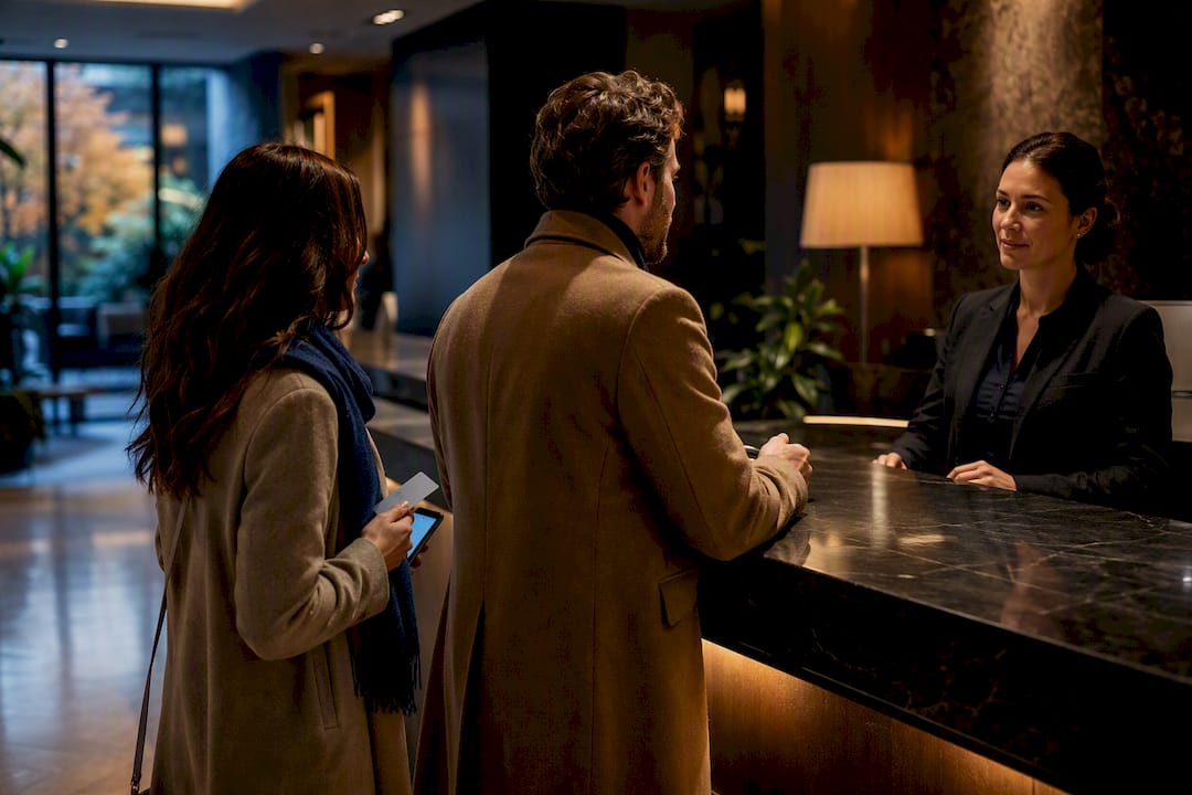 Couple verifying hotel room at reception