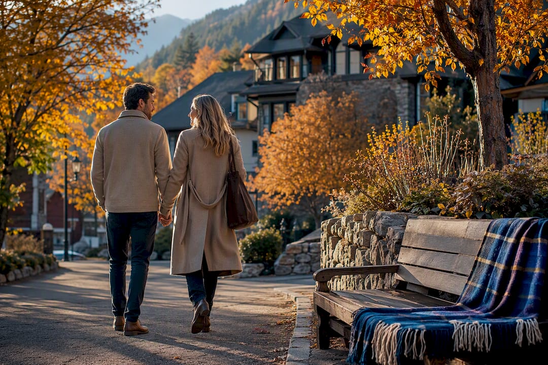 Couple walking through an autumn mountain town