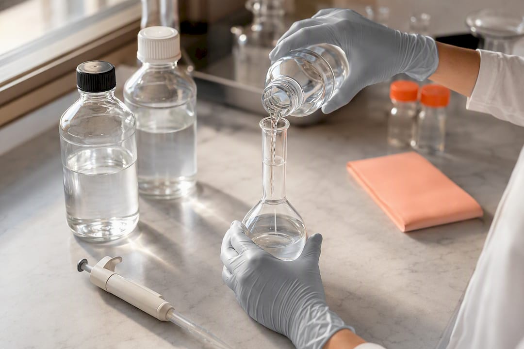 Analyst preparing HPLC mobile phase solvents