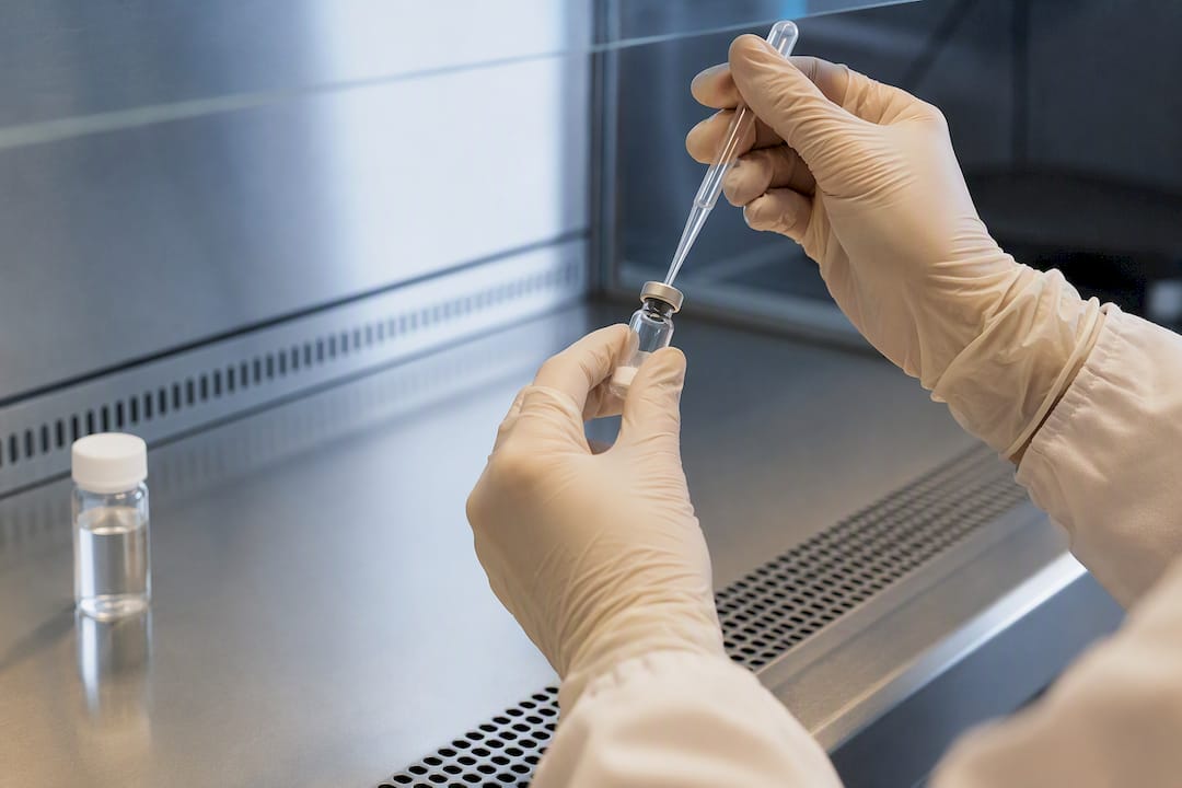 Gloved analyst reconstituting peptide sample aseptically