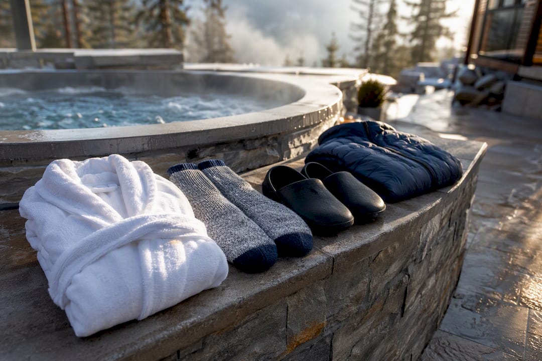 Warm layers beside an outdoor jacuzzi