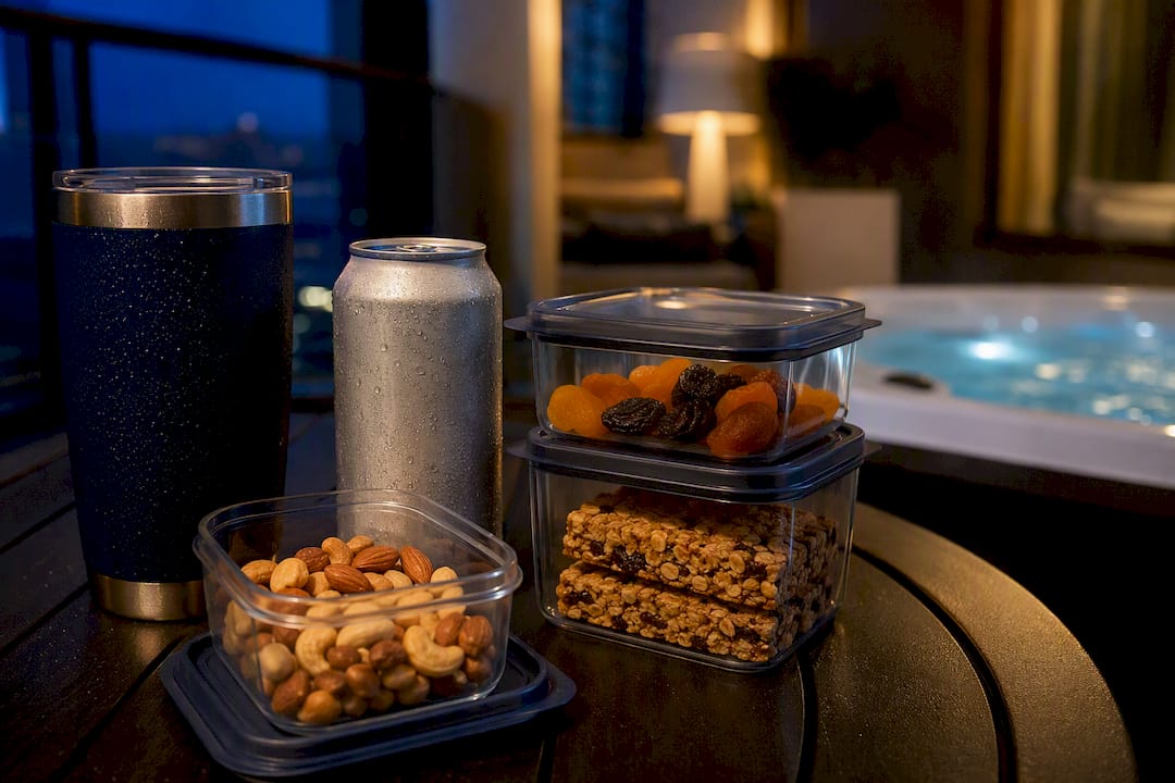 Hydrating drinks and snacks beside jacuzzi