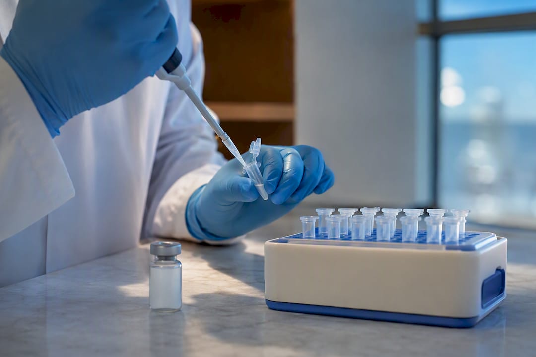 Analyst transferring a fresh peptide aliquot