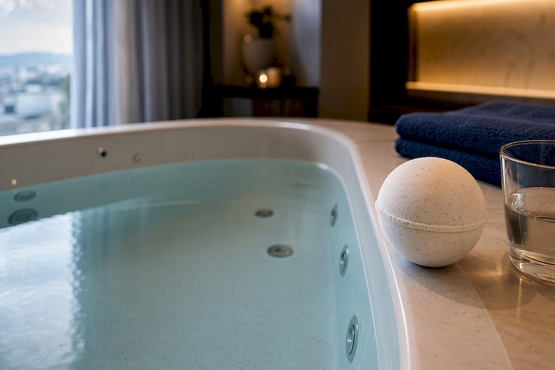 Bath bomb beside still jetted tub water