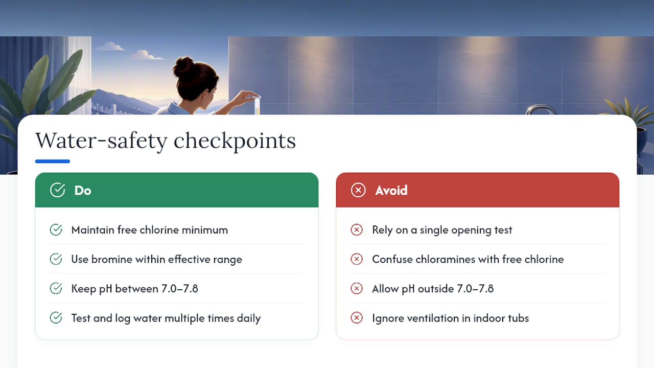 Jacuzzi sanitizer, pH, and ventilation checkpoints