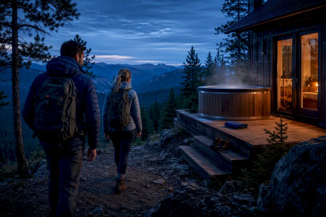 Hikers arriving at a cabin hot tub