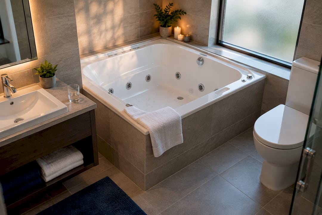 Indoor jetted tub in tiled hotel bathroom