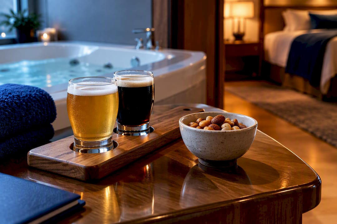 Tasting flight beside private hotel tub