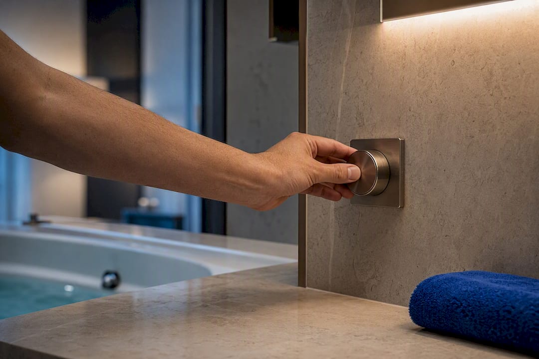 Hand adjusting hotel jacuzzi temperature control