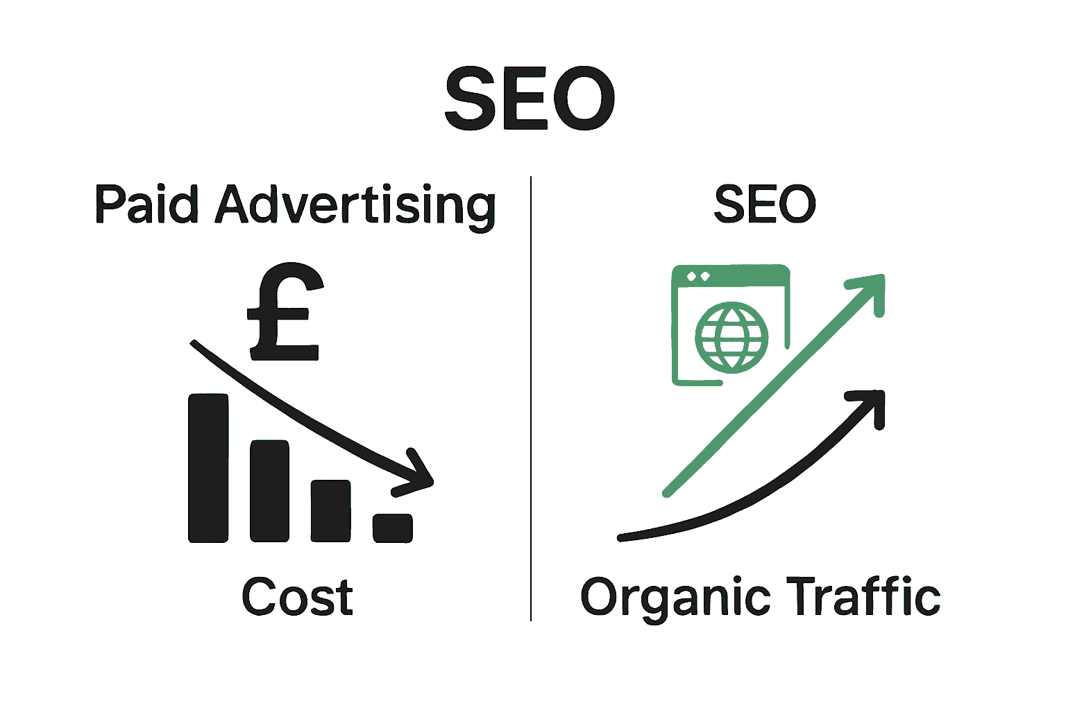 Infographic comparing SEO and paid advertising costs and outcomes for small businesses.