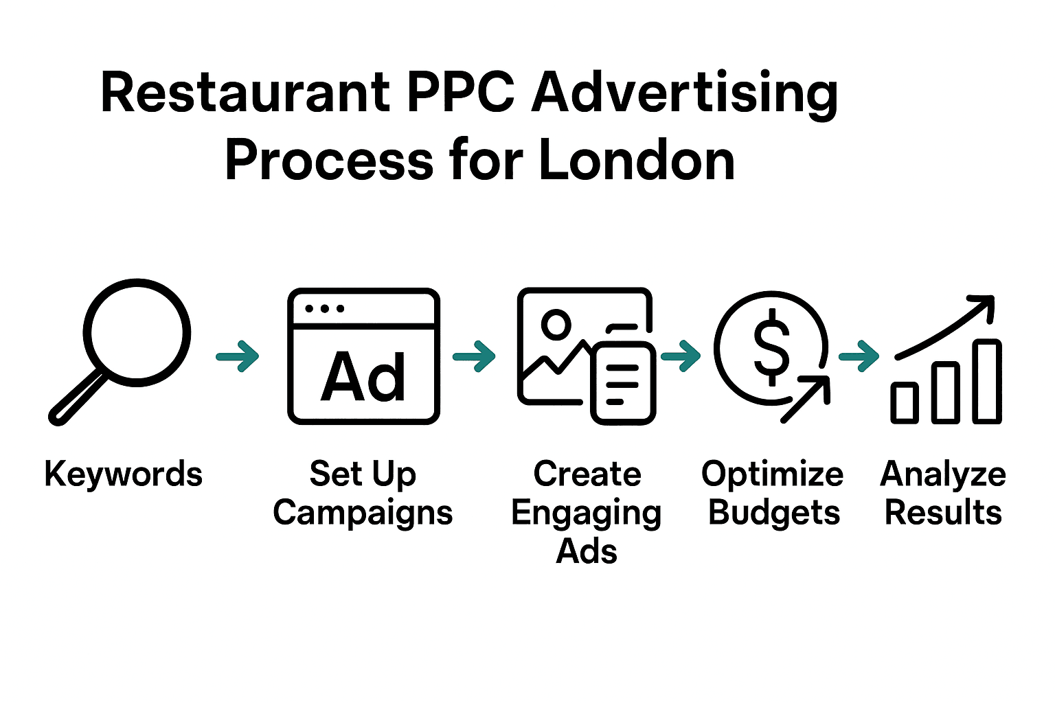 Infographic showing 5 steps to restaurant PPC success in London.