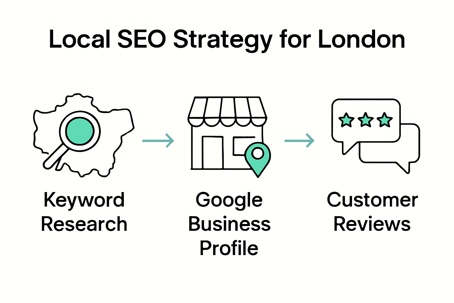 Infographic showing steps for Local SEO: keyword research, Google Business Profile, and collecting reviews.