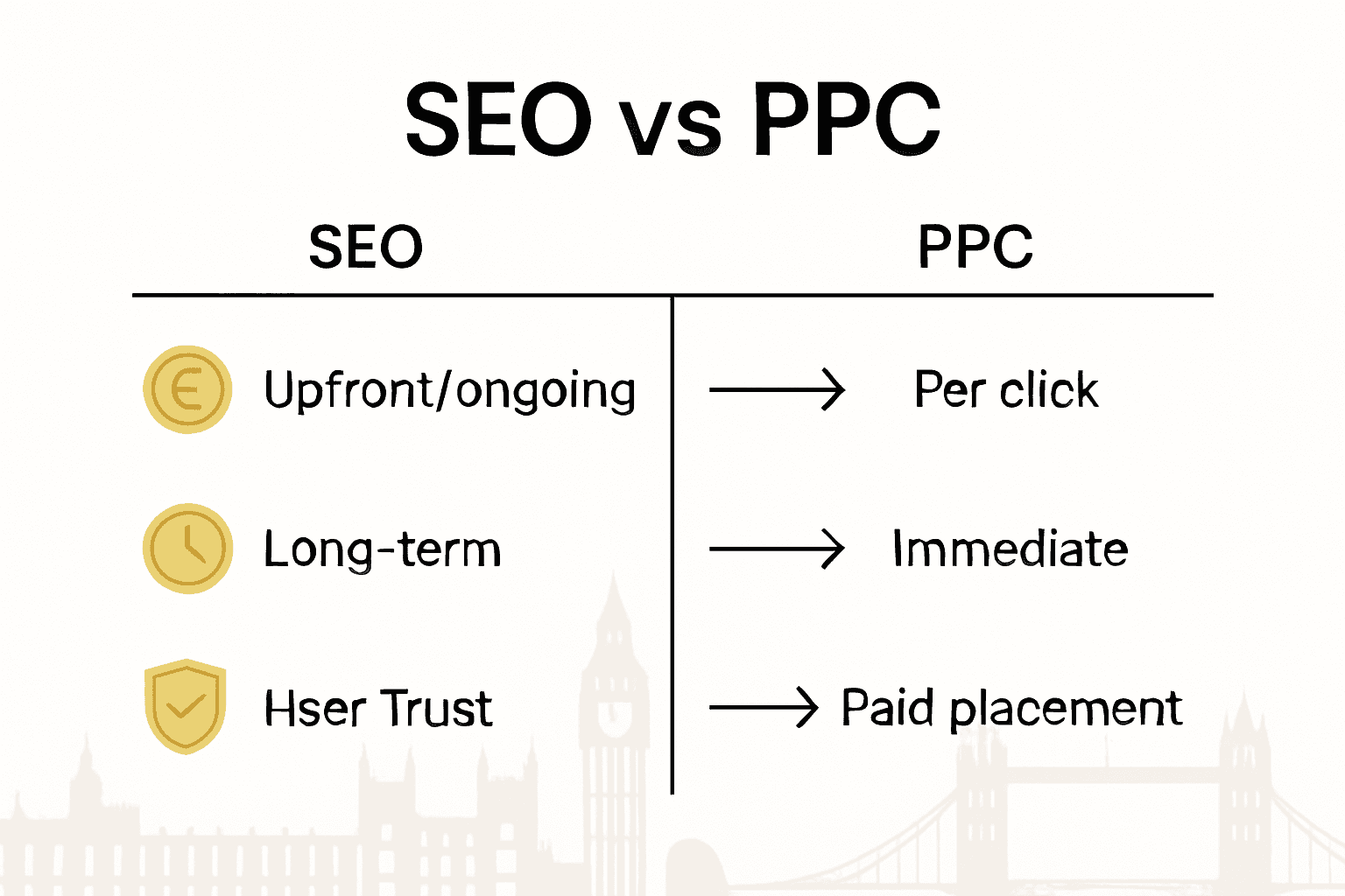 Infographic comparing SEO and PPC cost, timeframe, and trust.