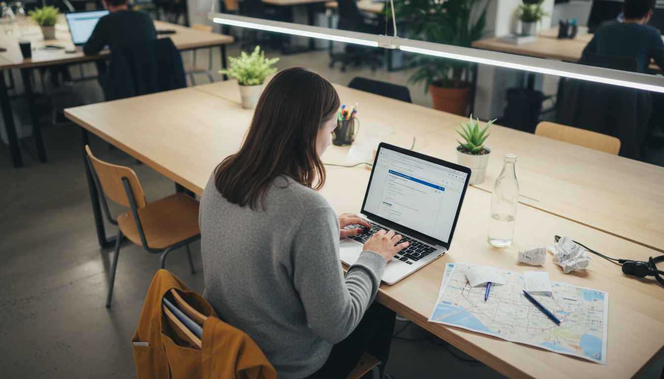 Typing PPC ad on laptop workspace