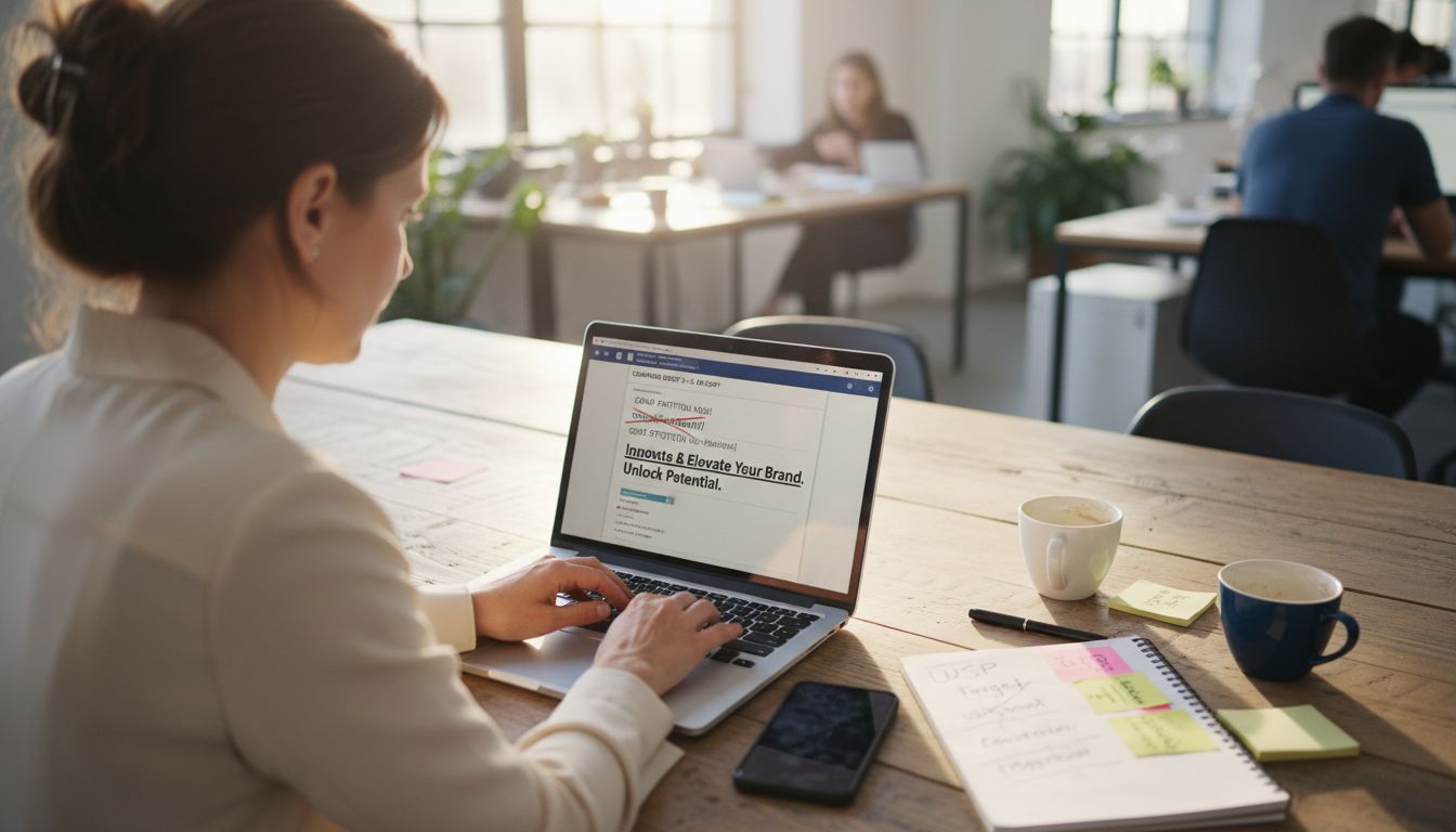 Marketer typing PPC ad copy at shared table