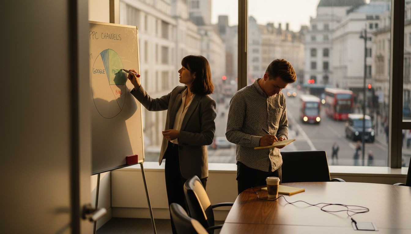 Team discussing PPC platforms with whiteboard