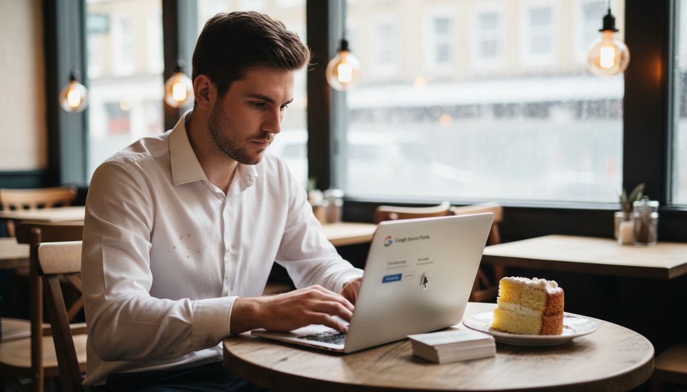 Manager updates online profile at cafe table