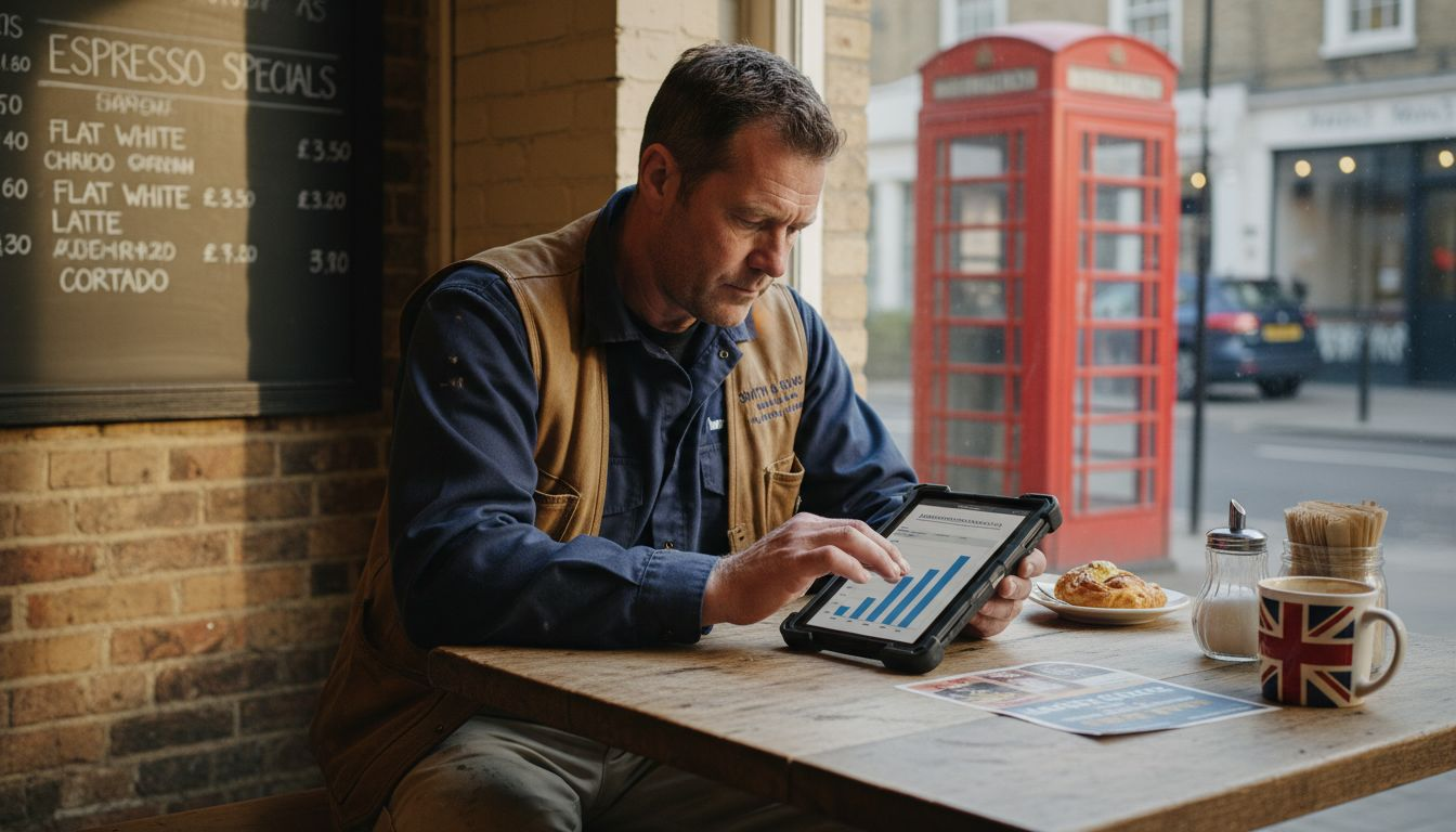 Tradesperson checking London ad campaign