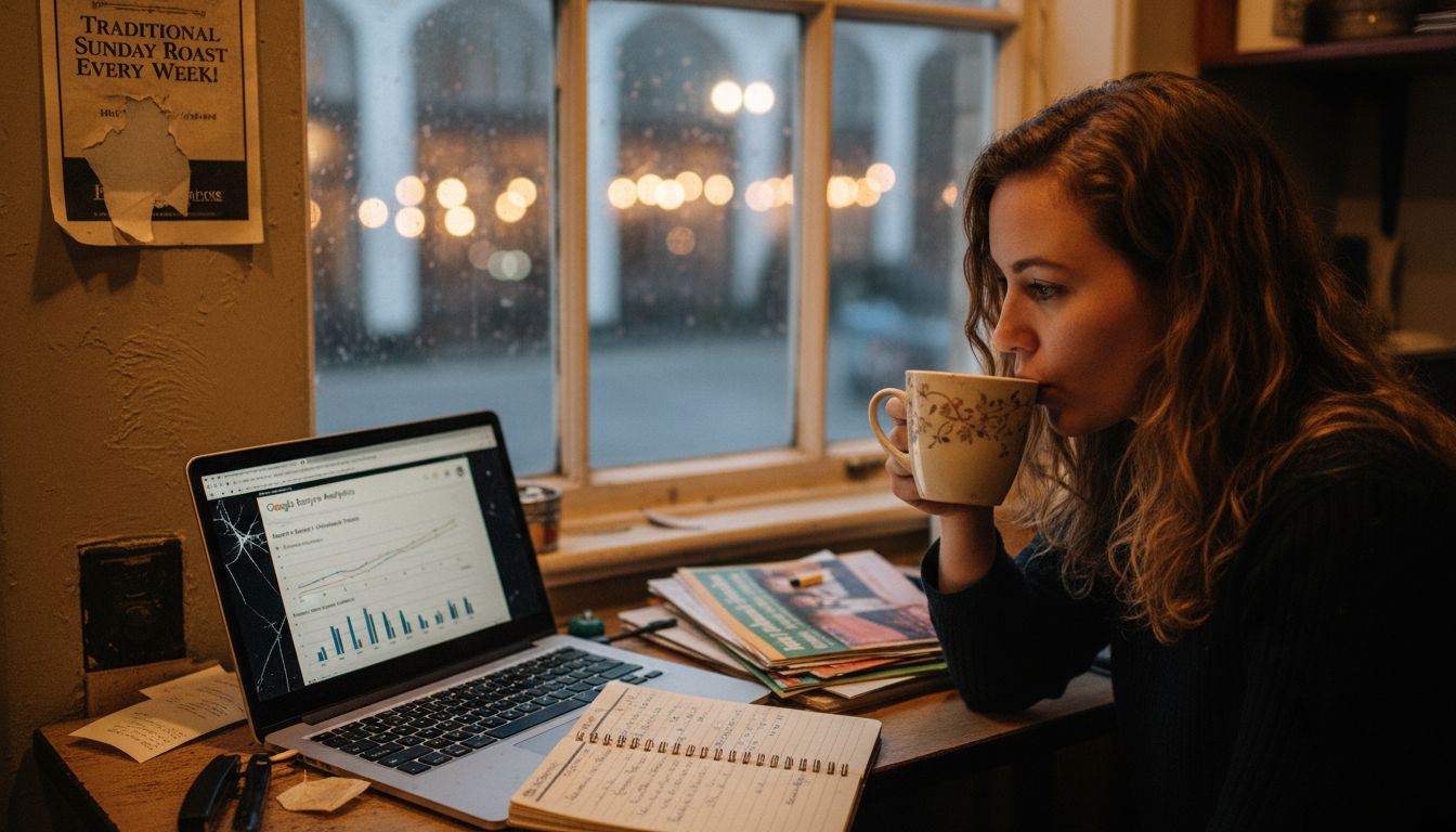 Woman reviews restaurant SEO analytics in back office