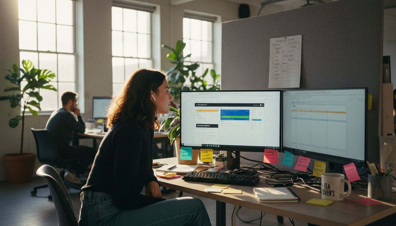 Woman reviewing technical SEO checklist at desk