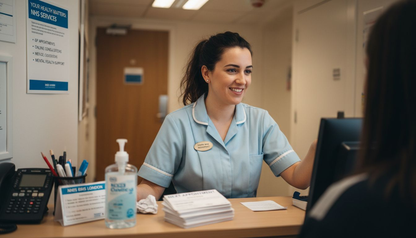 Clinic receptionist interacting at London front desk
