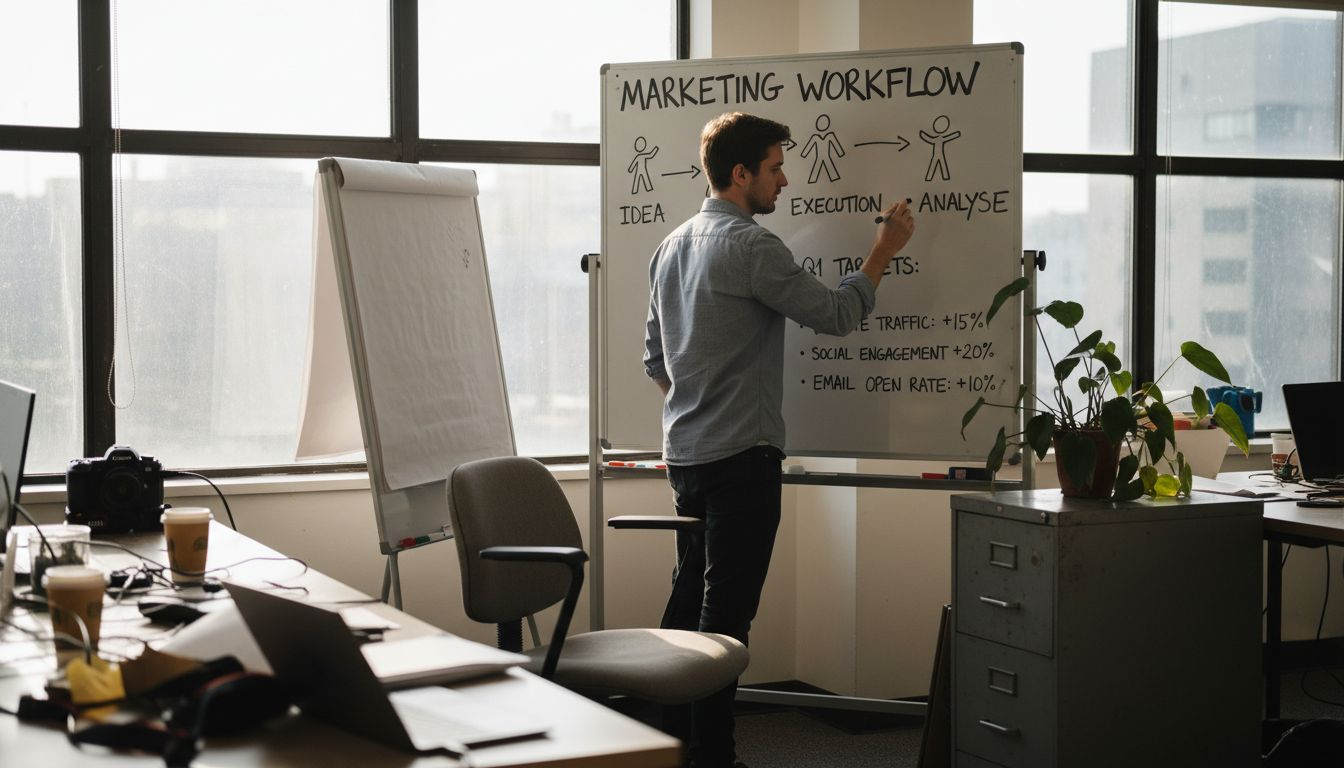 Staff planning digital marketing workflow on whiteboard