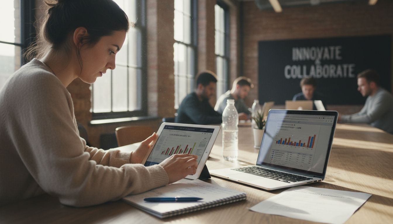 Analyst checking SEO results at co-working table