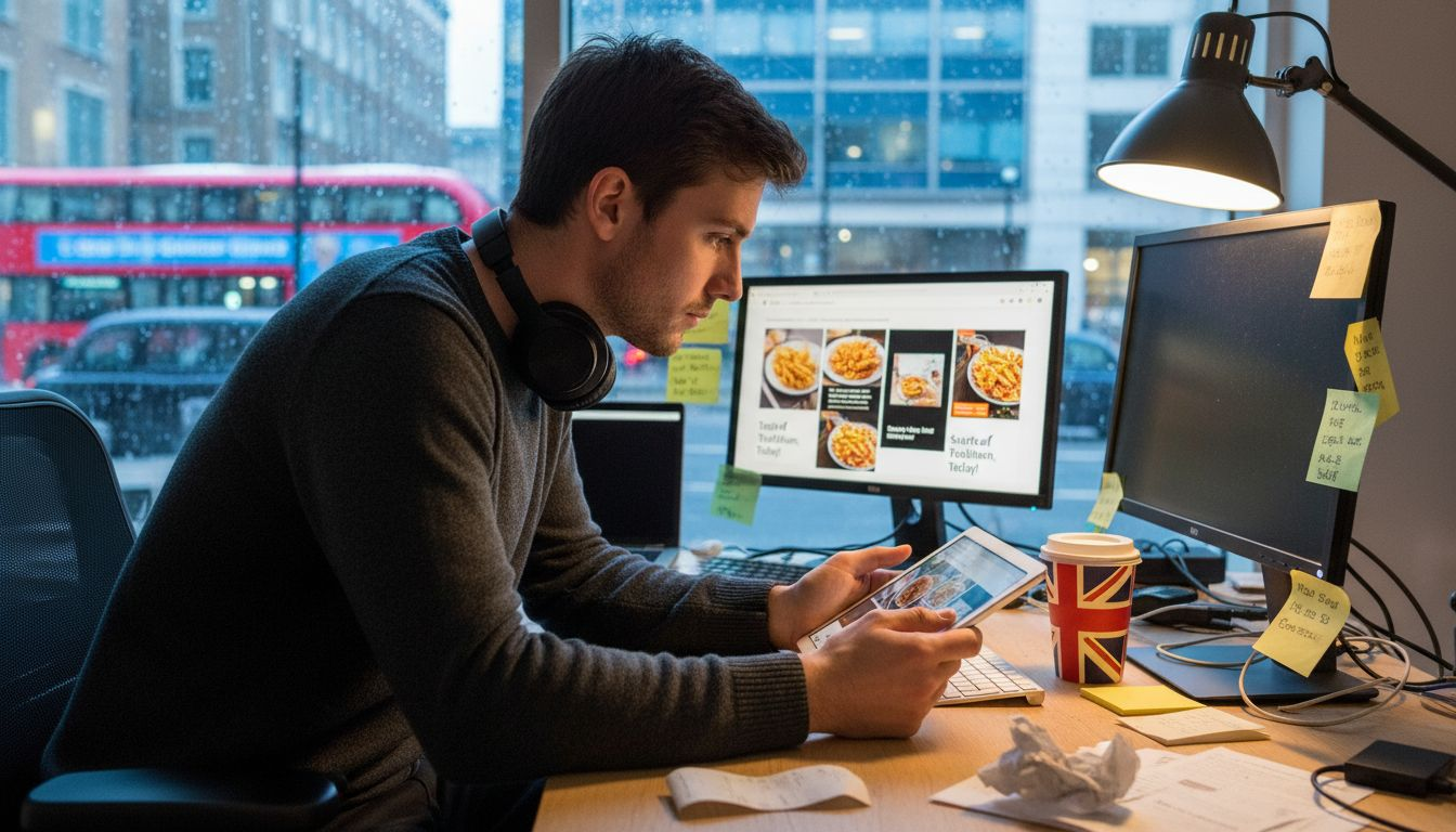 Manager reviewing restaurant ad plans on tablet