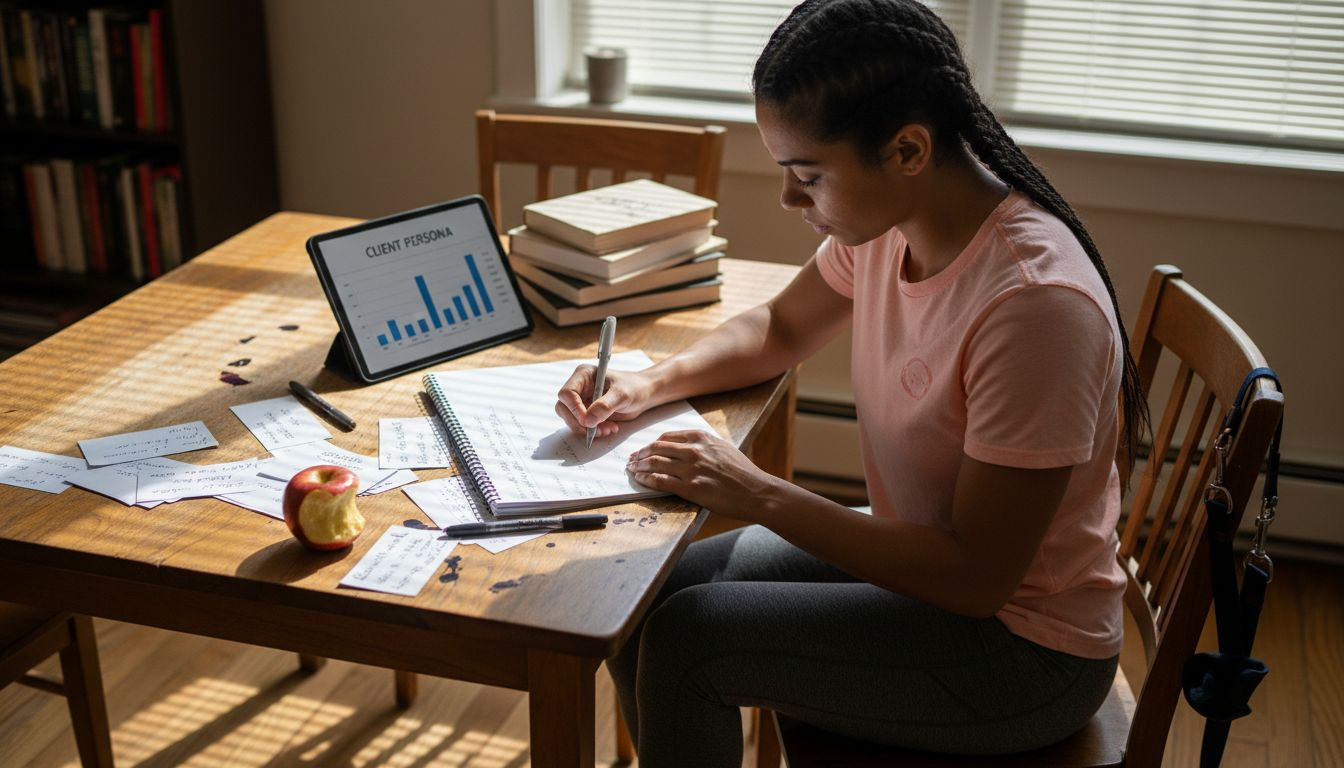 Trainer building client profiles at dining table
