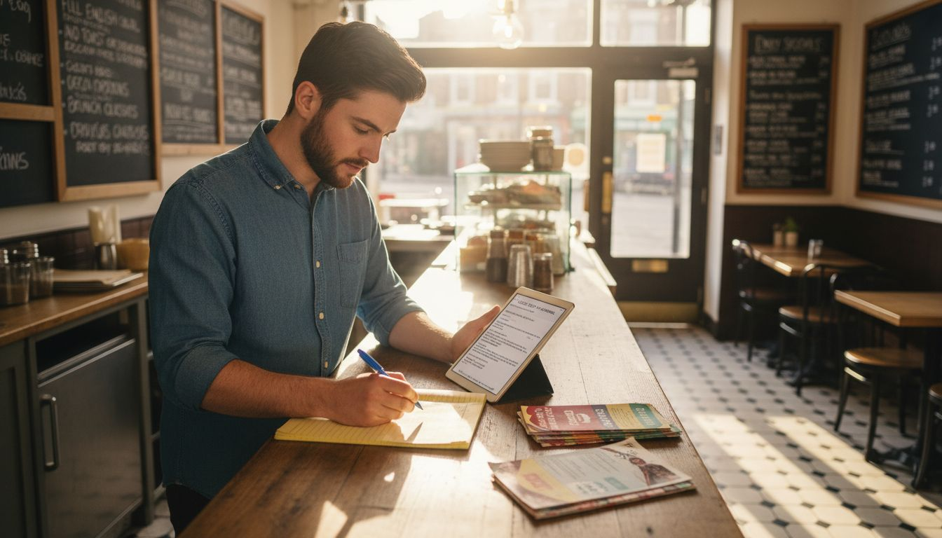 Restaurant manager writing SEO keywords at counter