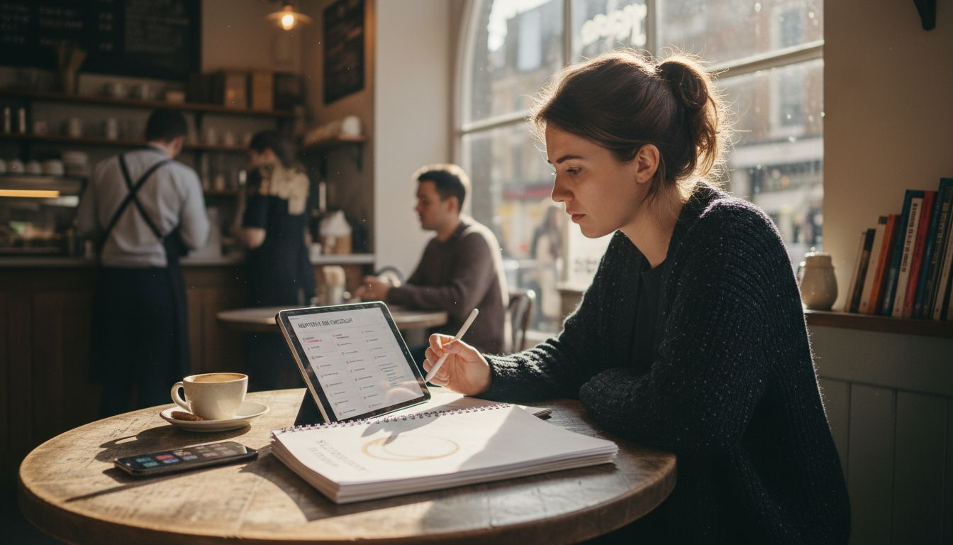 Woman auditing business SEO checklist in café